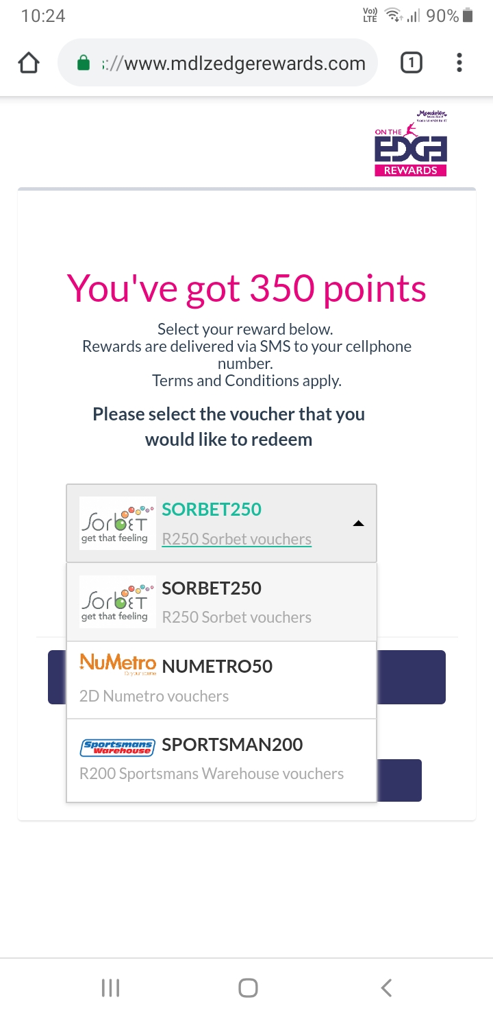 Mondelez Edge Rewards points redemption page showing voucher selection