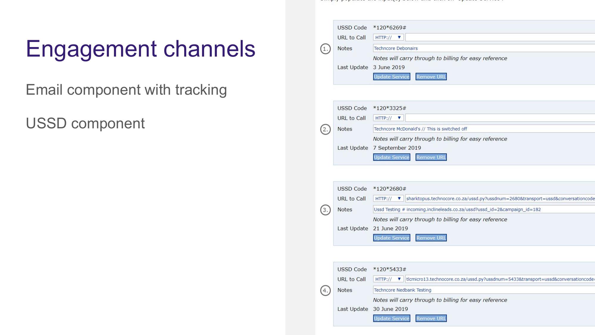 USSD shortcode configuration panel showing multiple shortcode entries with URLs and notes