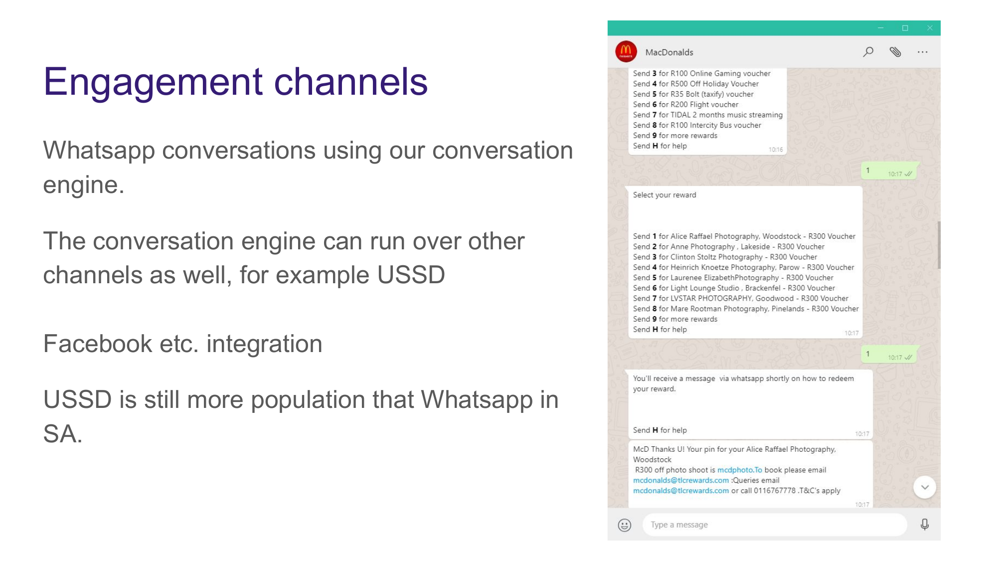 WhatsApp conversation showing McDonald's rewards programme with voucher selection and redemption flow