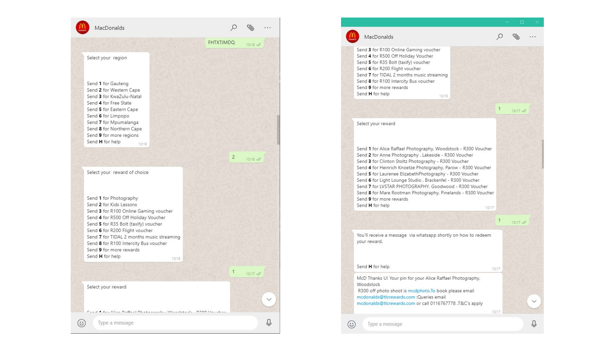 Detailed WhatsApp conversation flow showing region selection, reward browsing, and voucher redemption across two devices