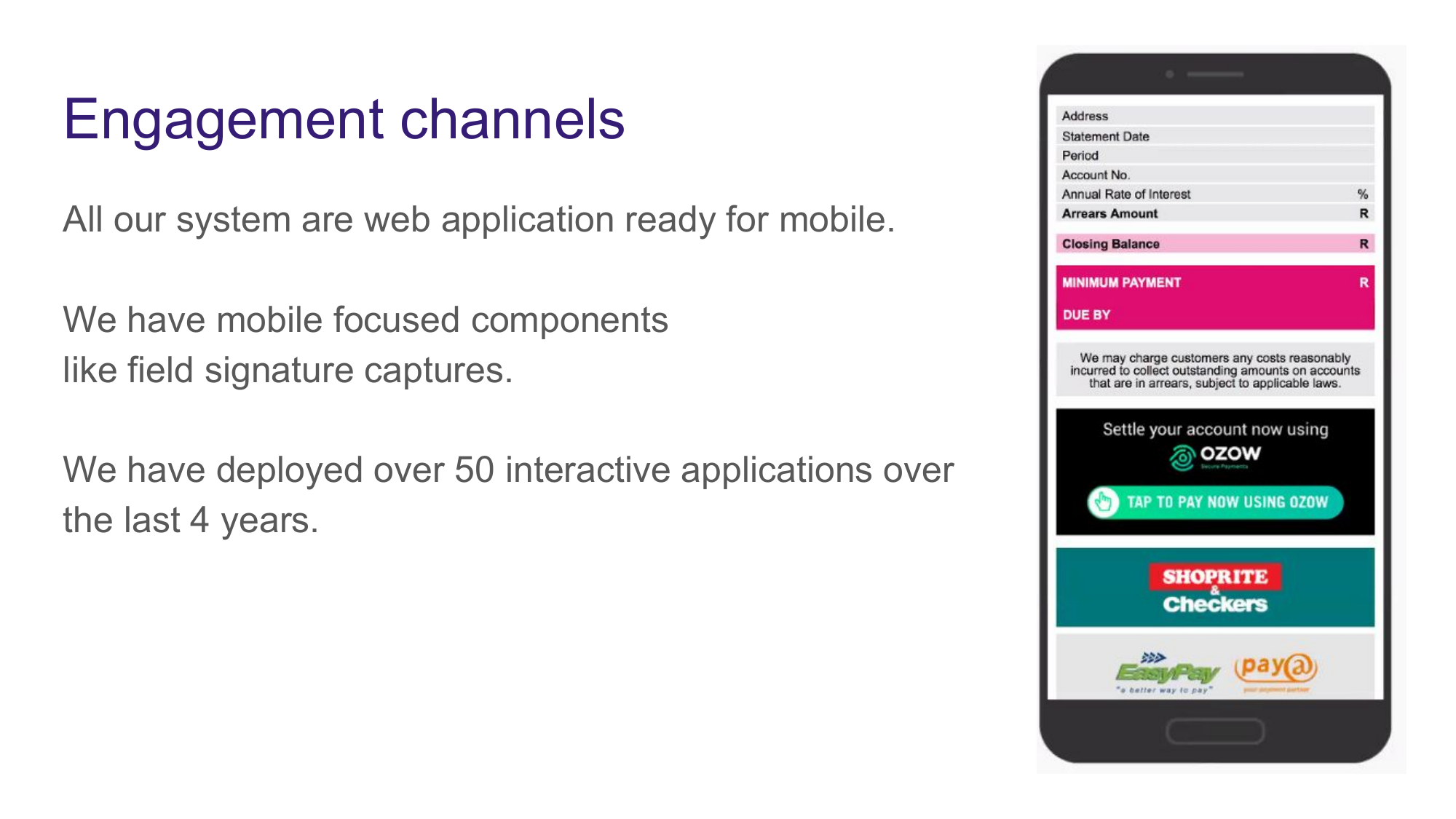 Mobile payment screen showing account settlement options via Ozow, Shoprite, Checkers, and Pay@