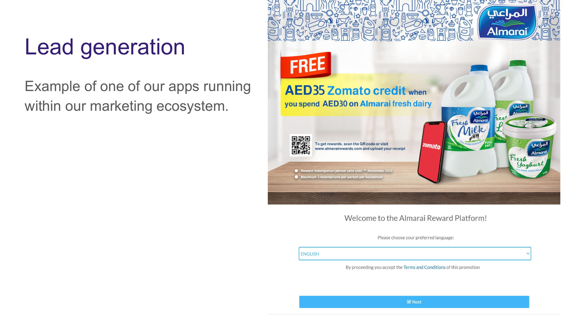 Almarai lead generation PWA showing promotional reward platform with QR code scanning and multi-language support
